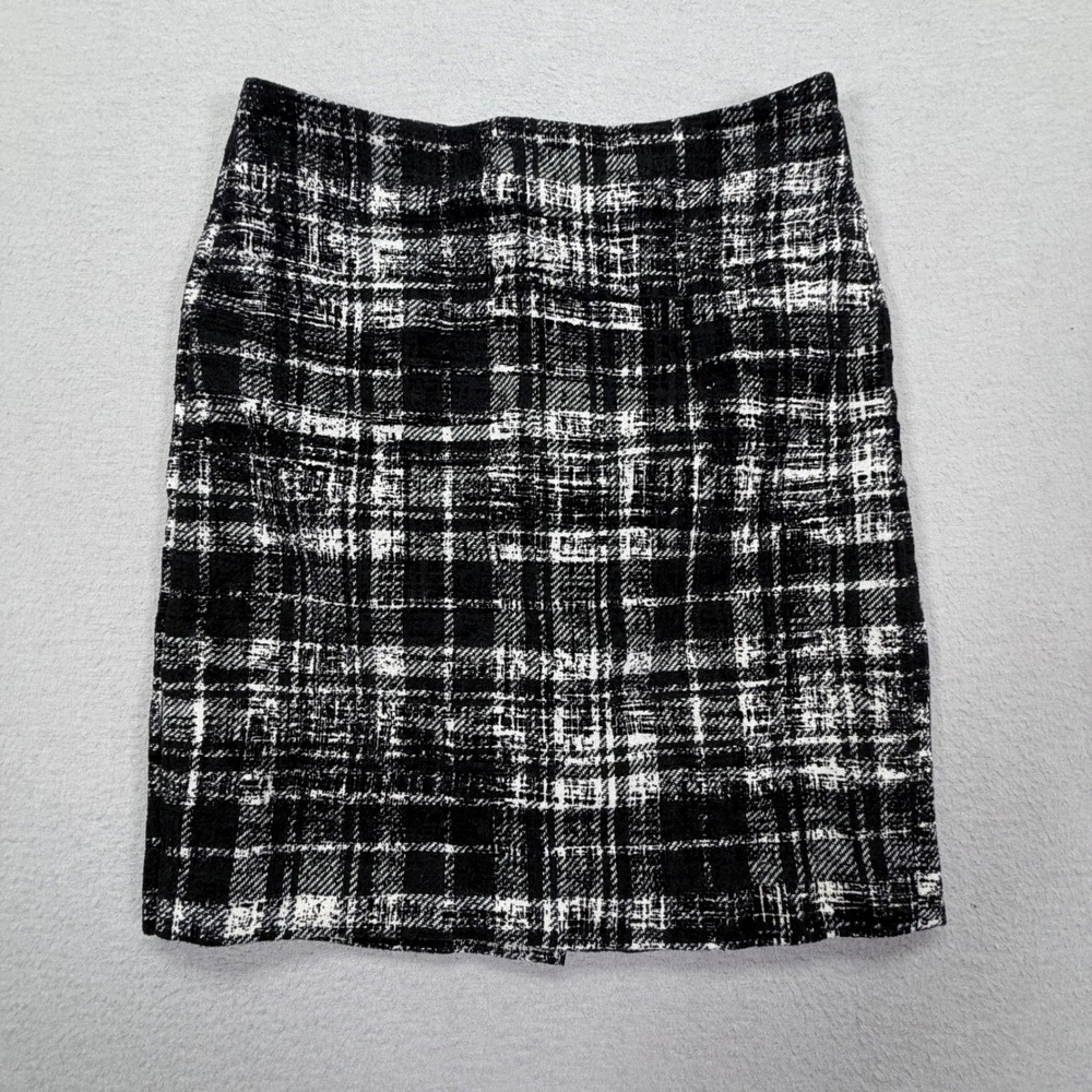 Ann Taylor Skirt Womens 2P Excellent Black White Plaid Tweed Pencil Petite